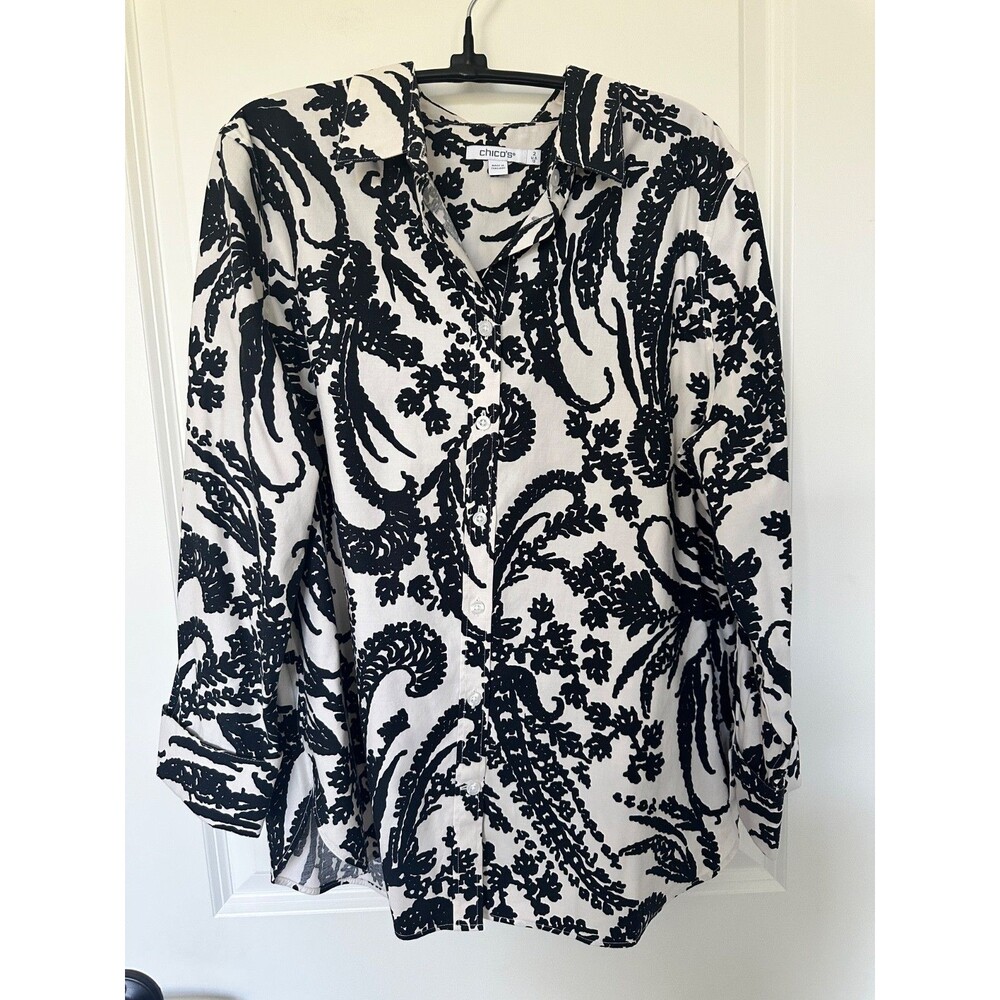 Chico's No-Iron Button-Down Shirt Black Cream Floral Chico’s 2 (Large / US 12)